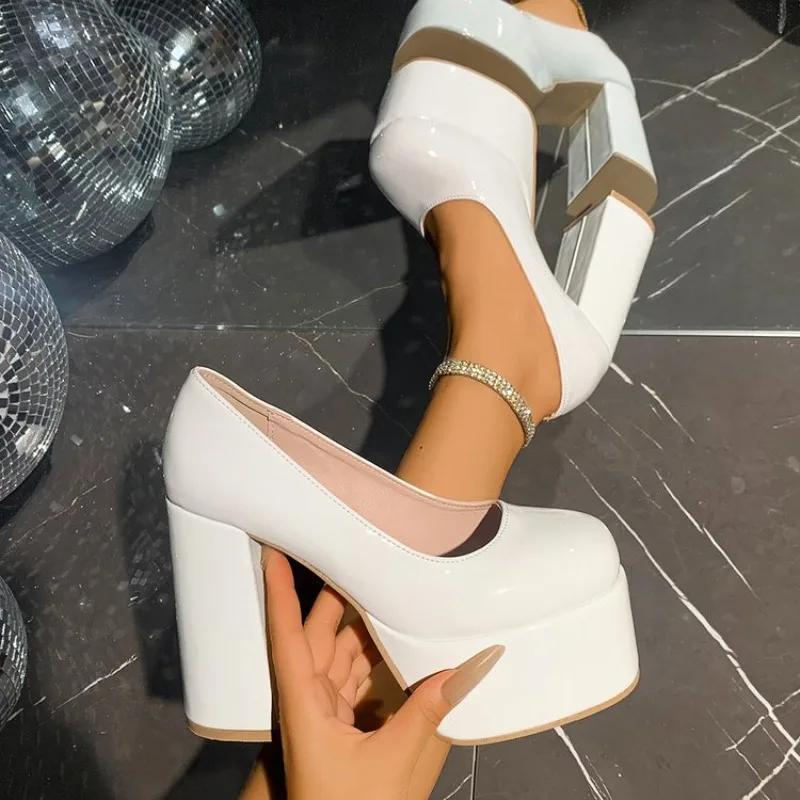 Hot Sale Party Disco Dance Pumps Women  Platform  Super High Chunky Heels Girding Buckle Pumps