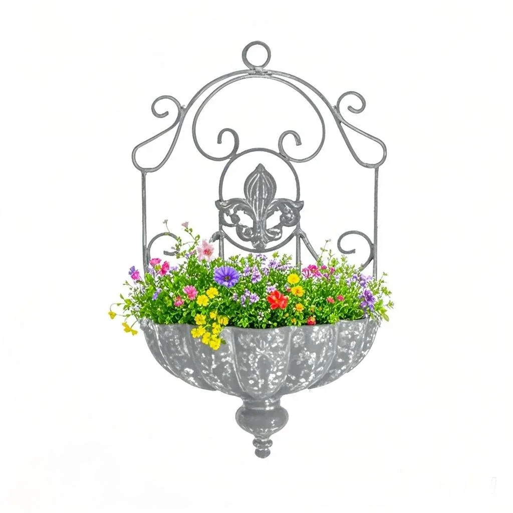 Wall Mounted Planter, White Metal Iron, Vintage French Scrollwork with Fleur-de-Lis, Distressed Finish, 18.7 Inch Height