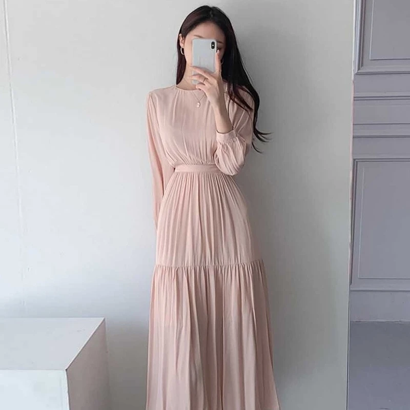 Nomikuma Korean Chic A Line Dress Women Solid Color Slim Waist O Neck Long Sleeve Pink Dresses Elegant Fashion Vestidos Mujer