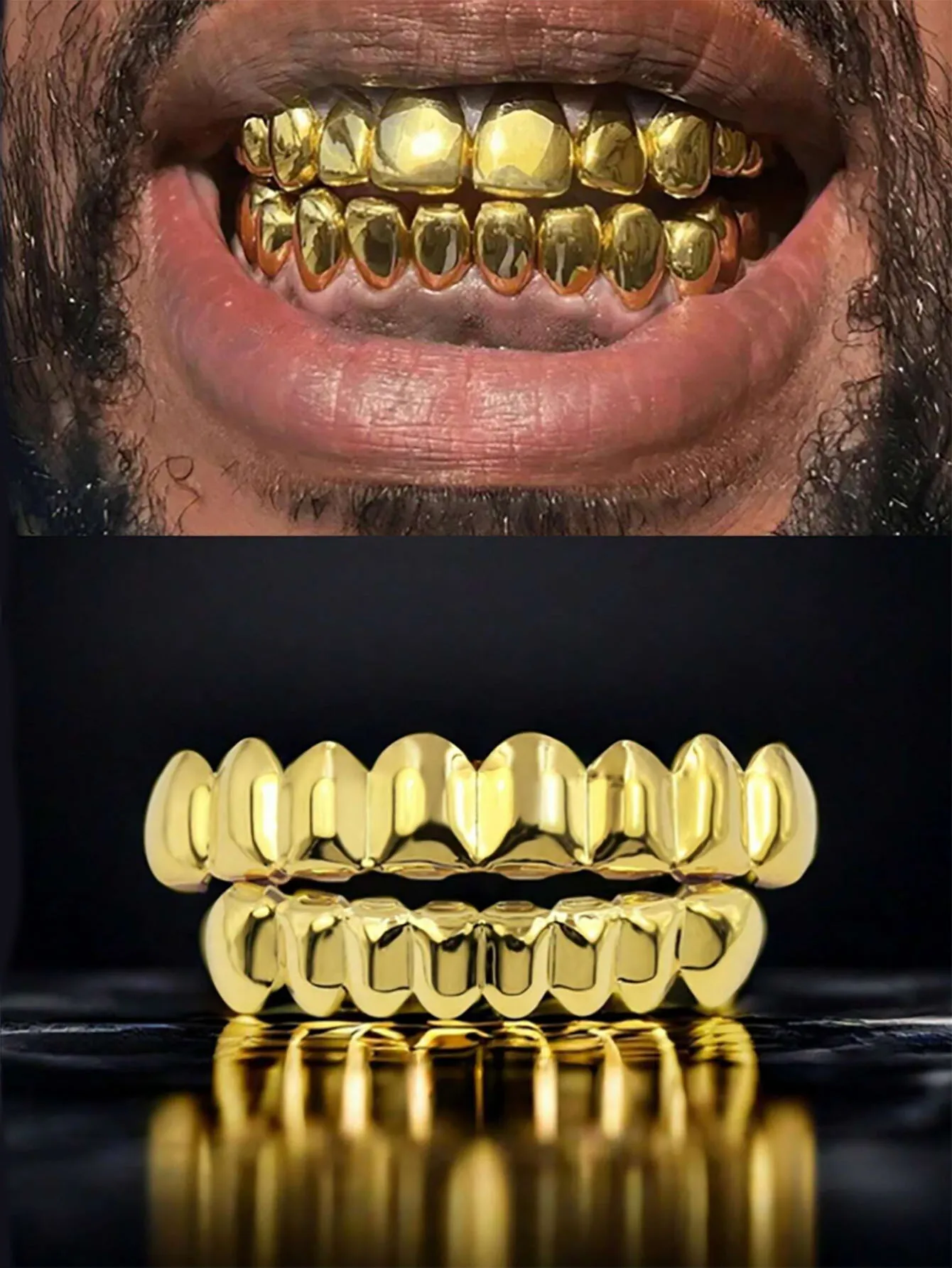 1pc/2pcs Hip-Hop 18K Gold Plated Teeth Grillz, 8-Teeth Shiny Gold Dental Grills For Halloween Party, Unisex
