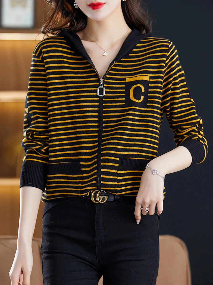 

Stripe Cardigan Sweater Women 2025 Autumn Spring Women Clothing Soft Coat With Hooded Slim Knitwear Zipper Cardigans