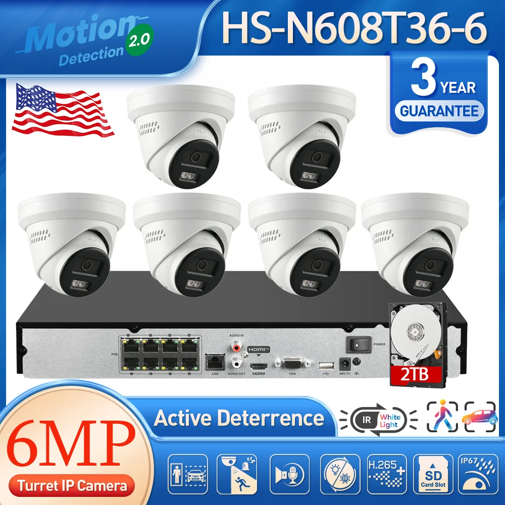 6MP 8CH NVR Kit with 2TB HDD, 6pcs MD 2.0 Cams Active Light & Sound Alarm AI Human/Vehicle Detect 2 Way Talk PoE System