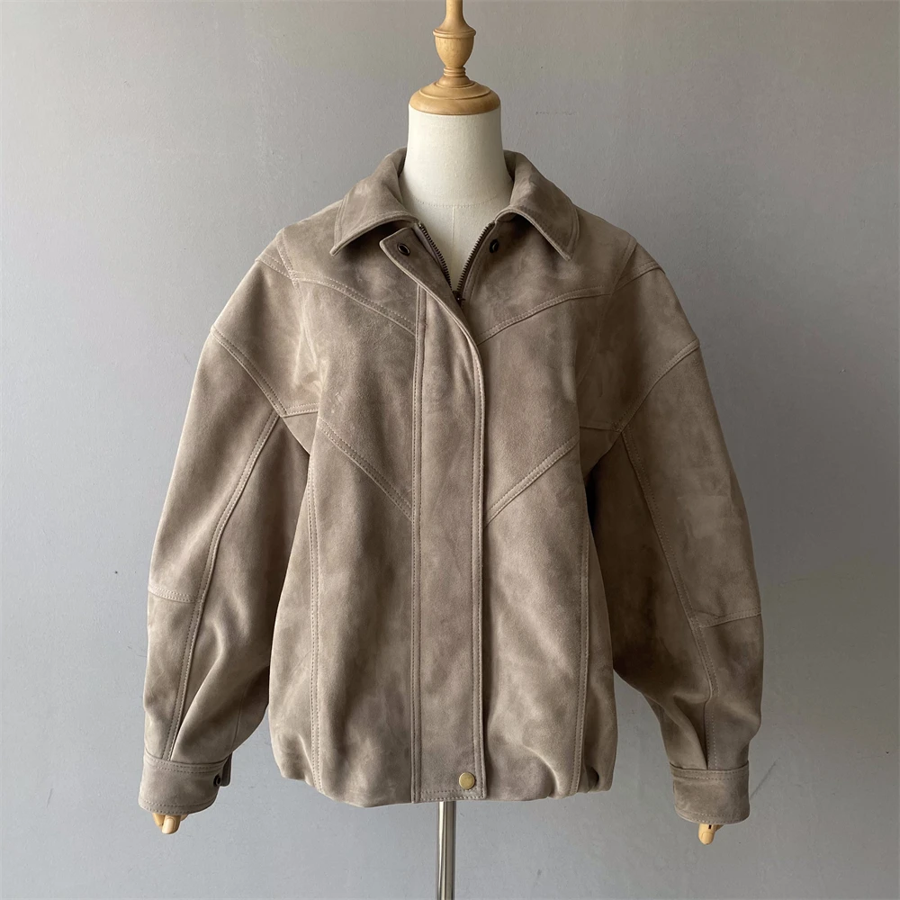 Luxyonuo リアルスエードレザーコート レディース 高級シープスキンジャケット ルーズスタイル フルスリーブ レザージャケット 2025秋冬新作