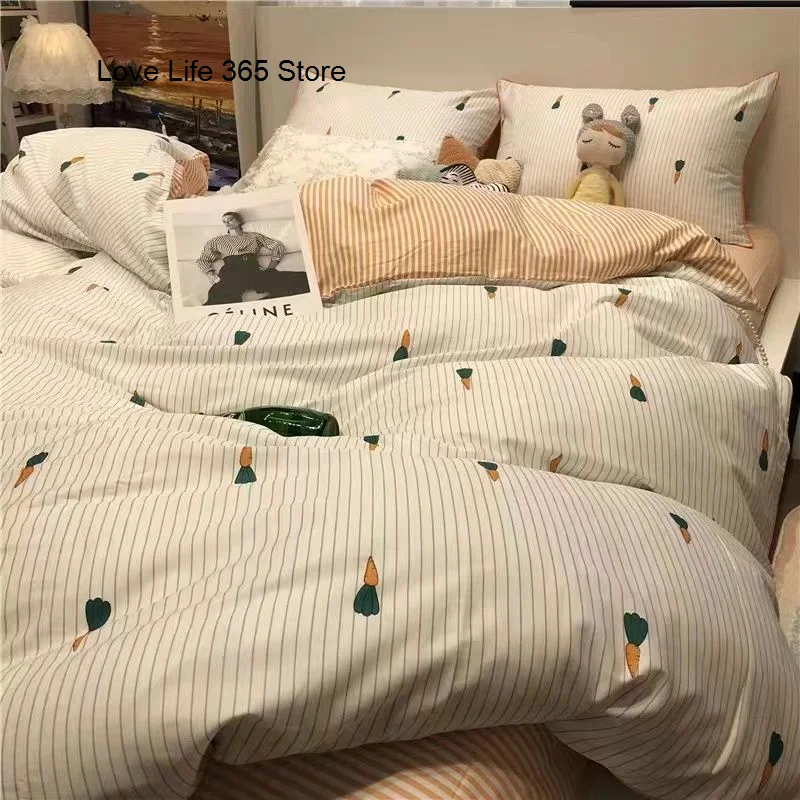 

Cartoon Cute Carrot Bedding Set Stripe Printing Soft Full Queen Size Boys Girls Duvet Cover Sheet Pillowcases Kids Home Textile