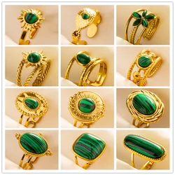 Green Striped Stone Vintage Gold Color Stainless Steel Open Adjustable Rings For Women Men Accessories Finger Jewelry Sun Flower