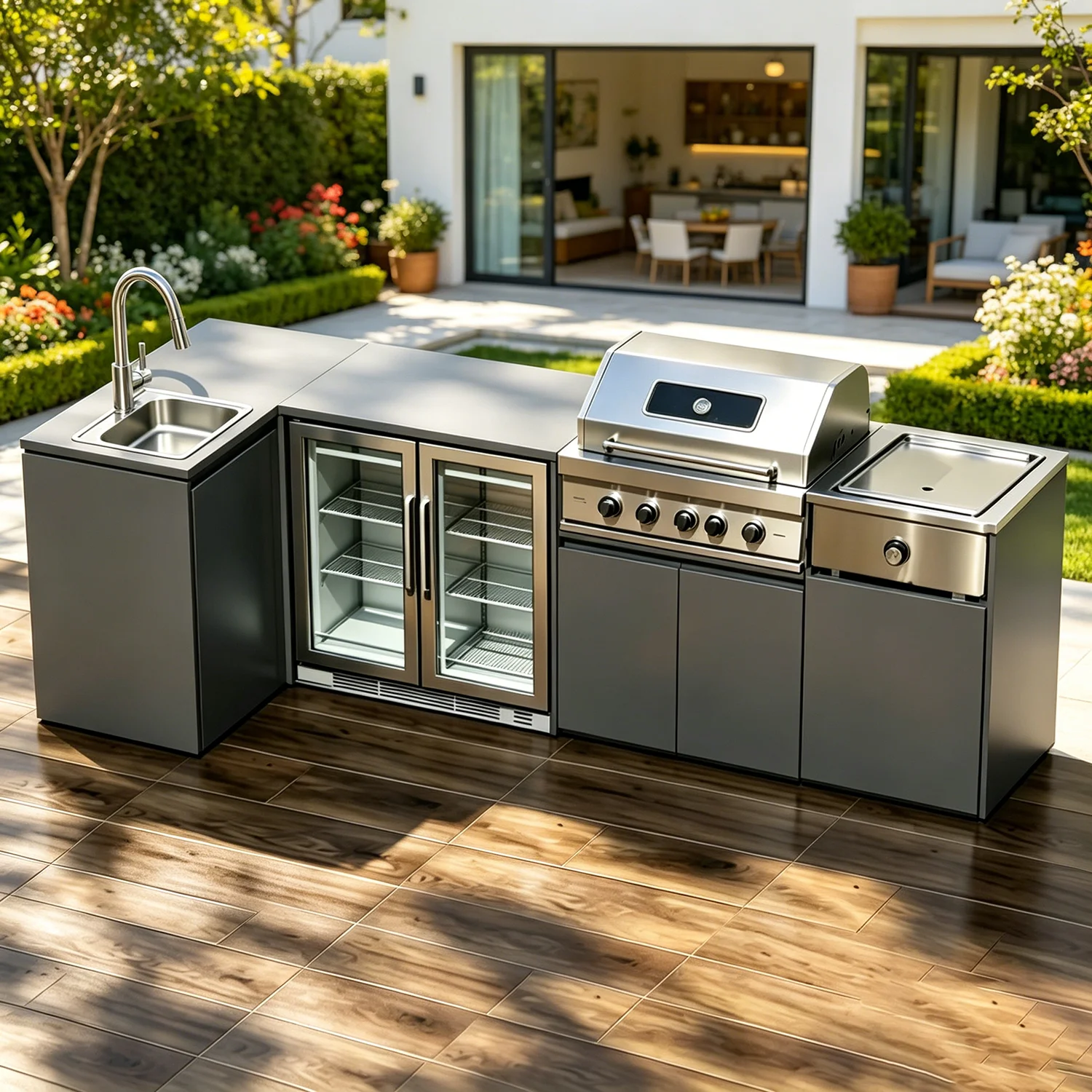 A Full Kitchen Suite Including Grill Cooktop Sink And Fridge With Waterproof Custom Outdoor Stainless Steel Cabinet For Backyard