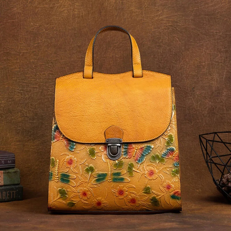 

Genuine leather Backpack with Chinese Style Retro Embossed Women's Bag, New 2025 Fashion Backpack Handbag
