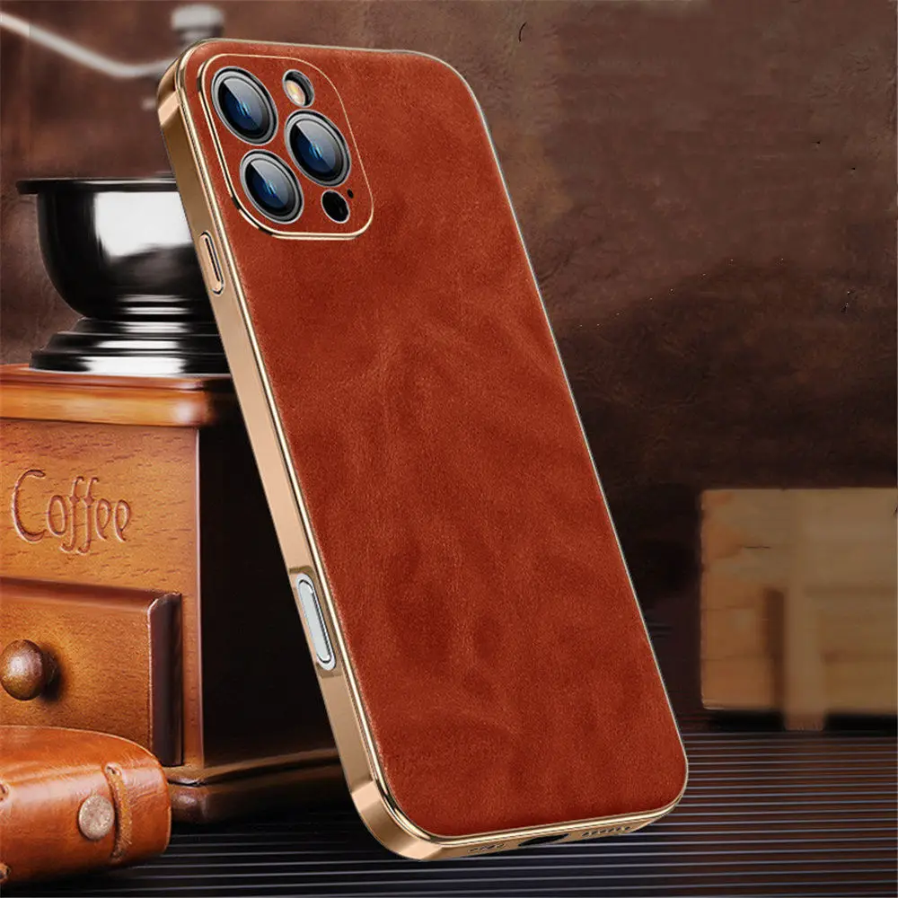 Genuine Natural Cowhide Leather Case for iPhone 16 Pro Max 15 Retro Oil Wax Cover