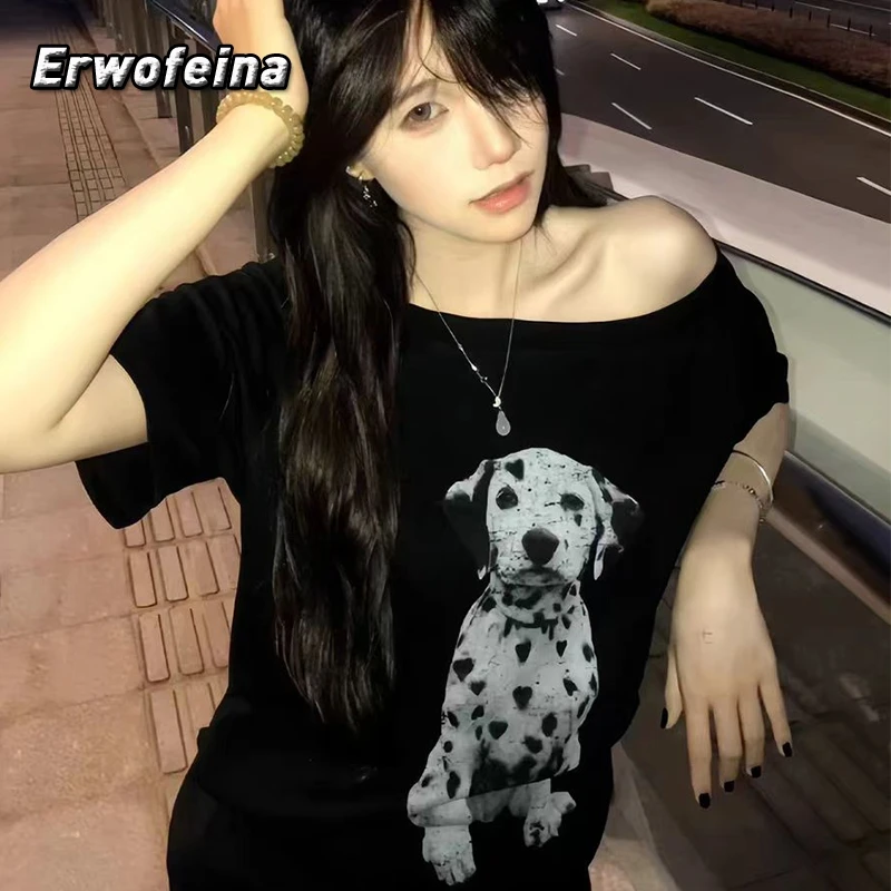 

Erwofeina Hotsweet футболка с принтом, свободная футболка с короткими рукавами, топы с косым воротником в виде животных, одежда 2000-х годов, Y2k, корейская модная женская одежда
