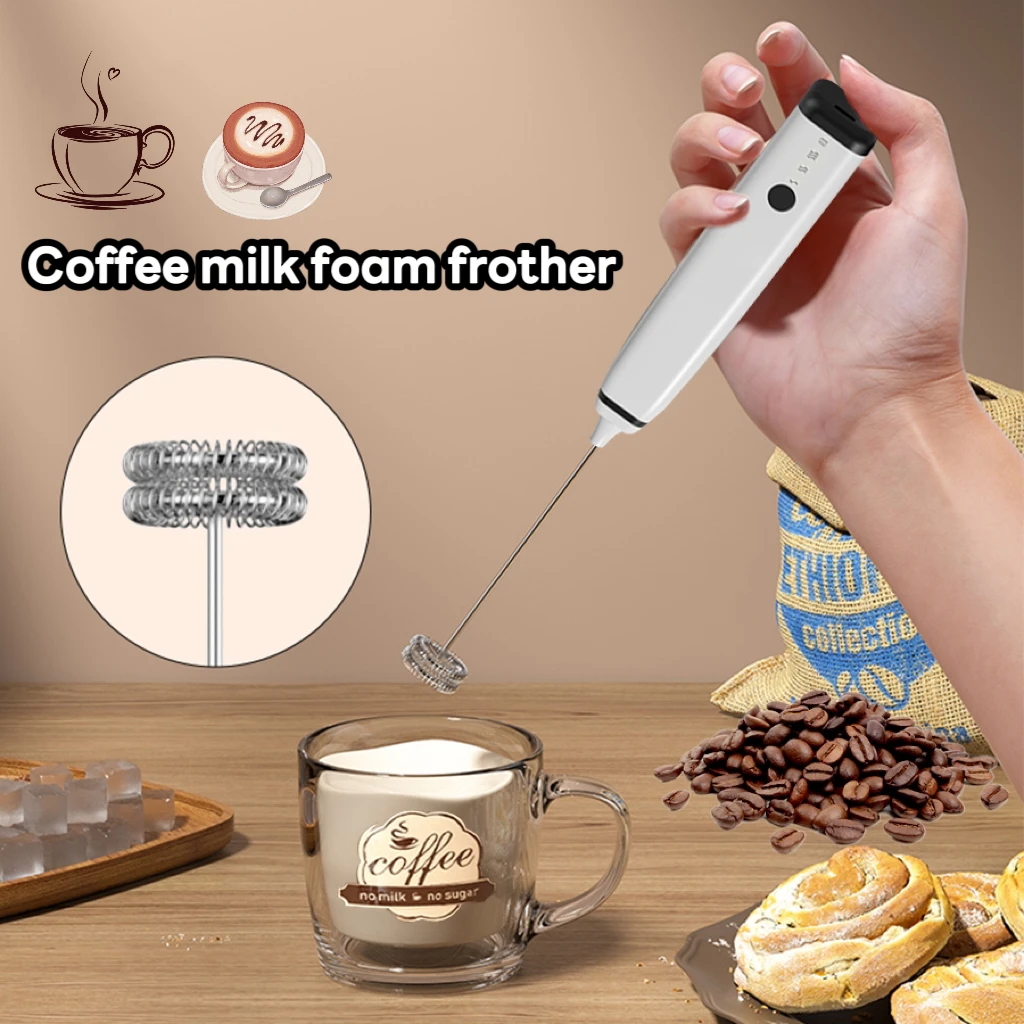 Powerful Milk Frother for Coffee Fast Handheld Drink Mixer with Stainless Steel Whisk Rechargeable Hand Frother Stirrer Wand