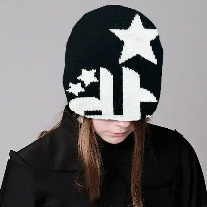 Knitted Beanie Hat for Students Adult Windproof Foldable Winter Hat Handmade Jacquard Star Keep Warm Cycling Hat 6XDA