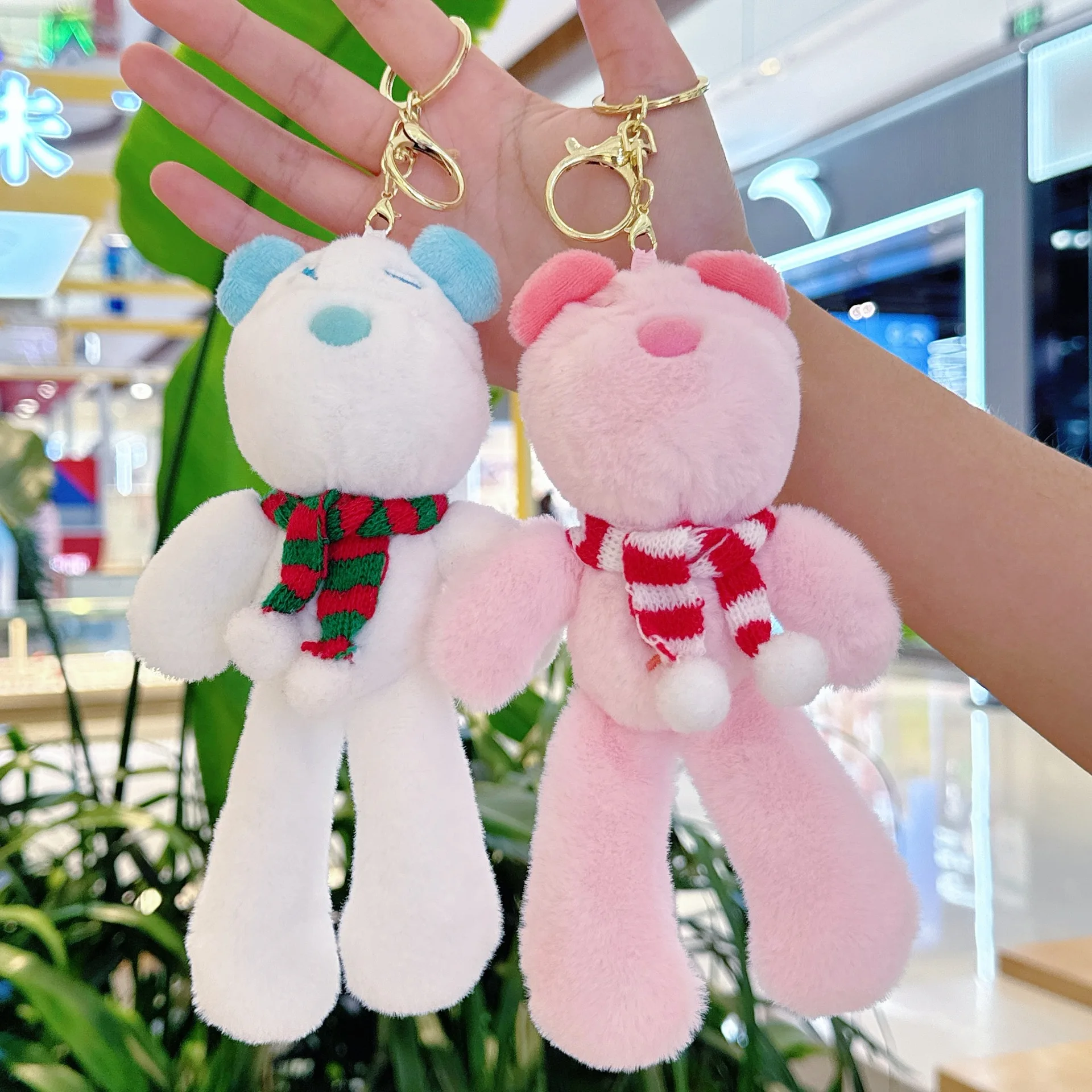 13CM 귀여운 긴 다리 털곰 열쇠고리 스카프 장식 플러시 장난감 귀여운 폭력곰 인형 키링 어린이 소녀 크리스마스 선물