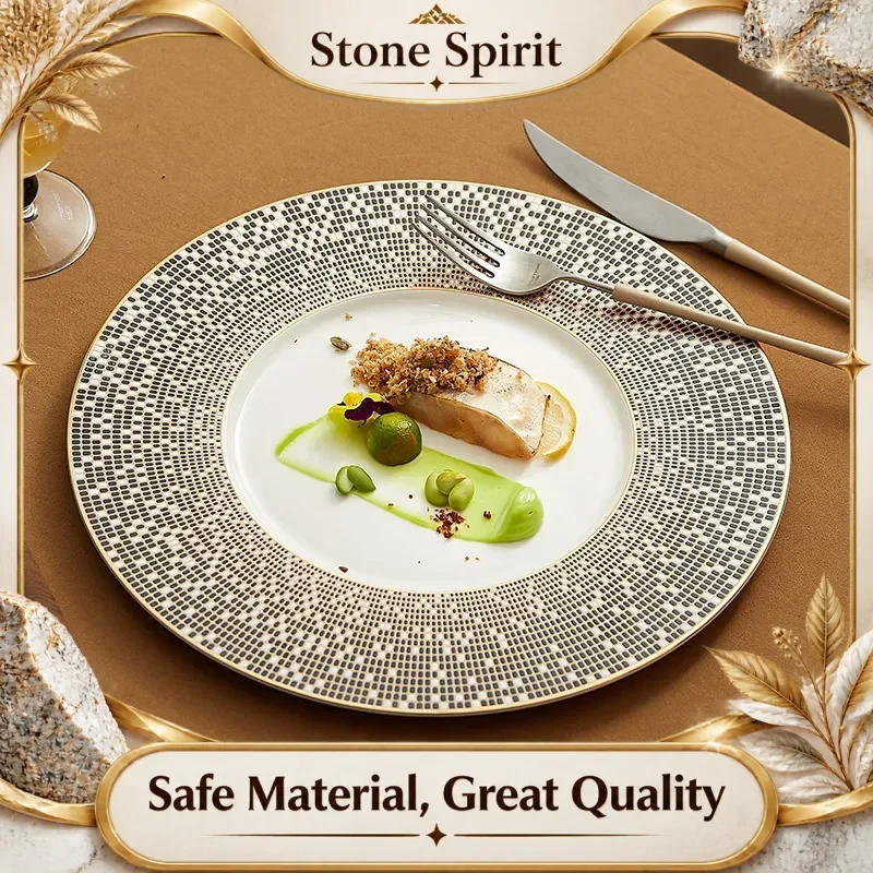Deluxe Round Gold Bone China Plate, Western Style Steak Plate, Italian Pasta Shallow Flat Plate, Restaurant Display Tableware