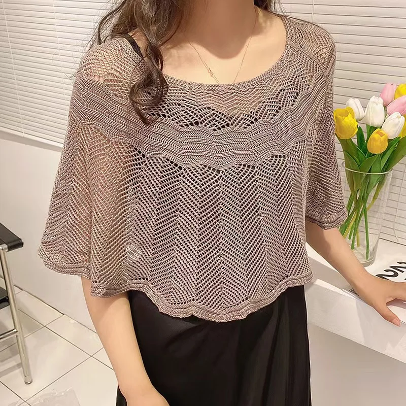 New Knitted Hollow Pullover Outer Shawl Solid Color Fashion Elegant Casual Shoulder Shawl Korean Version Summer Outerwear Shawl