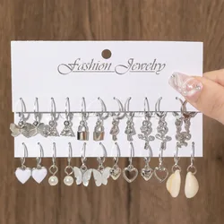 Fashion Love Pearl Lock Snake Butterfly Mushroom Lock Shell Ear Buckle Creative Personalized Earrings Set 12 Pair