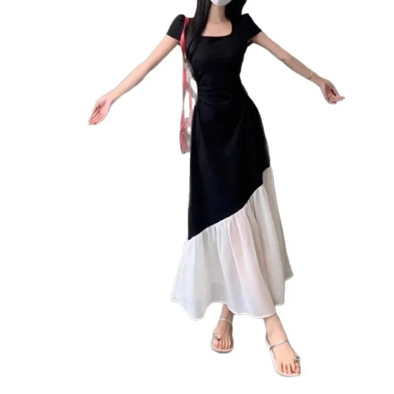 Hebe Style Black White Color Block Irregular Summer Long Dress Women's plus Size Square Collar Slimming Fish Tail Dress