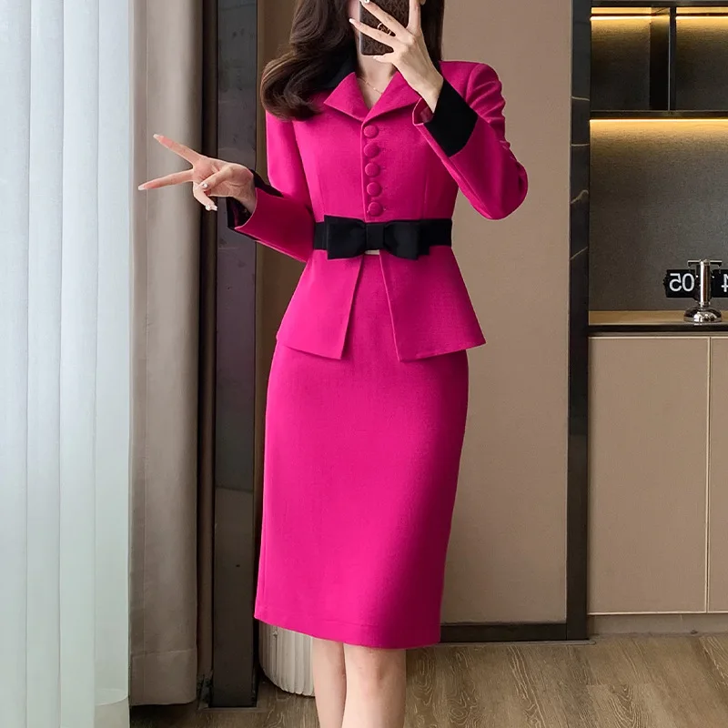 Novelty Rose Red Slim Fashion Career Work Wear Suits With Jackets And Skirt Elegant Professional Business Women Blazers Outfits