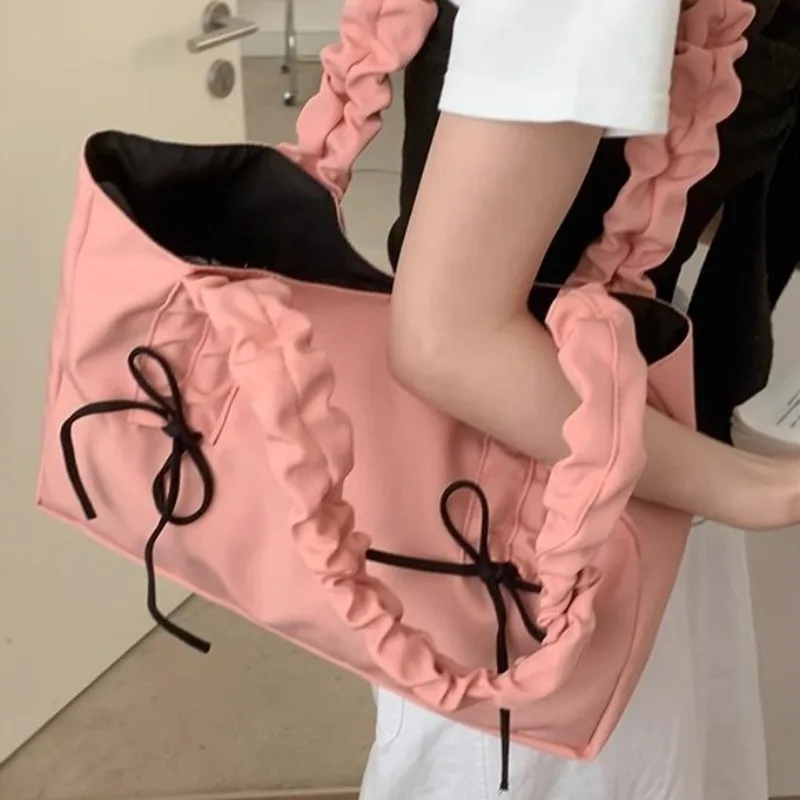 

Xiuya Pink Pleated Womens Tote Bag Nylon Sweet Elegant Gentle Literary Casual Shoulder Bag Aesthetic New Korean Fashion Handbag