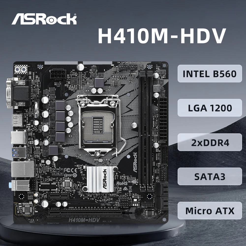 

ASROCK H410M HDV Motherboard Socket 1200 Supports i9-10900K i7-10700K 10850K CPU Intel H410 Chipset 2 x DDR4 4 x SATA3 Micro ATX