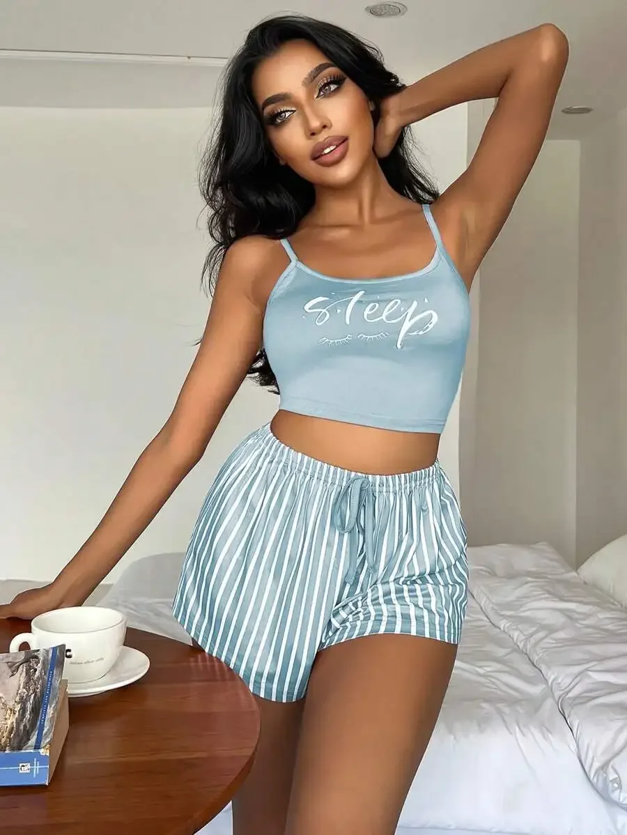 

Letter Graphic Cami Top And Striped Shorts Pajama Set For Women