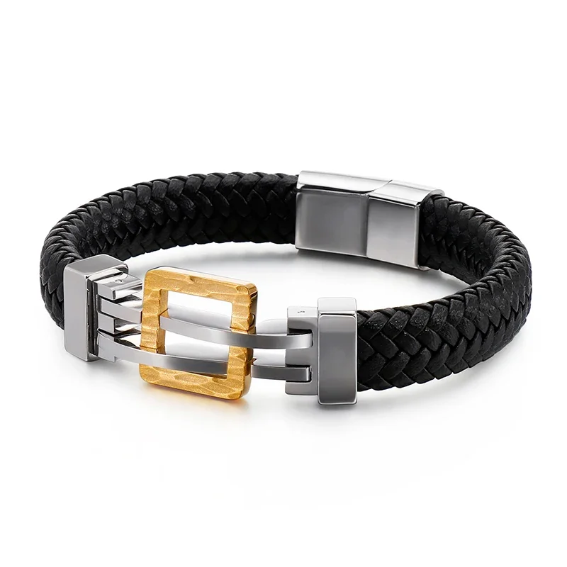 

Fashion men punk silver color black gold titanium bicycle hollow square magnetic buckle weave leather bracelets jewelry