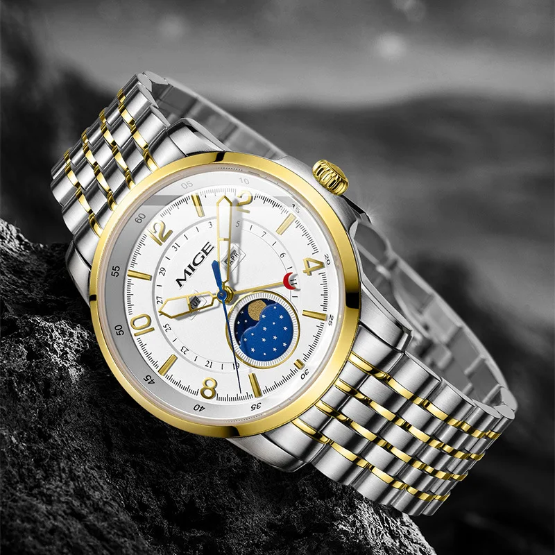 MIGE Men Quartz Watch Moon Phase Calendar Display Two Tone Stainless Steel Band Waterproof Business Male Wristwatch Gift