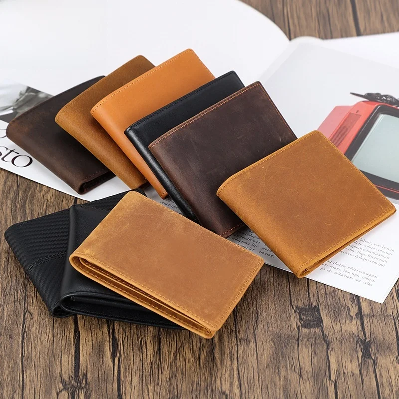 ショート-rfid-ブロッキング-クレイジー-ホース-レザー-ウォレット-トップレイヤー-本物のメンズ-コミューター-二つ折り財布-マルチカード-スロット-夏新作