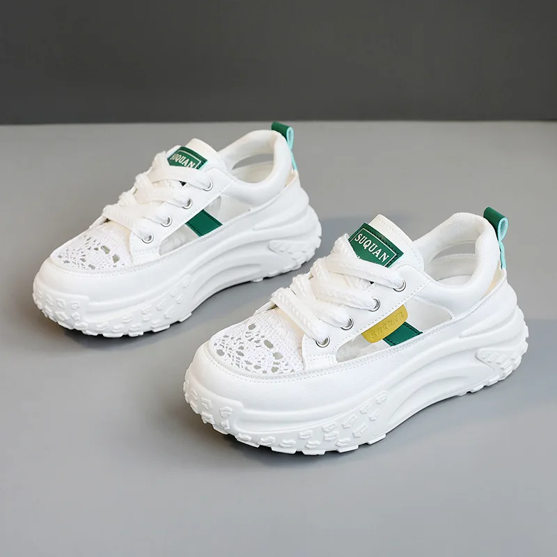 

Women's White Breathable Hollow Summer 2026 Thick Sole Height Increasing Casual Sports Board Shoes
