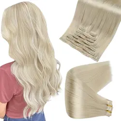 Full Shine-Extensions de cheveux humains à clipser sans couture, Extensions de cheveux blonds Remy, Machine à clipser, PU, 120g, 80g, 8 pièces