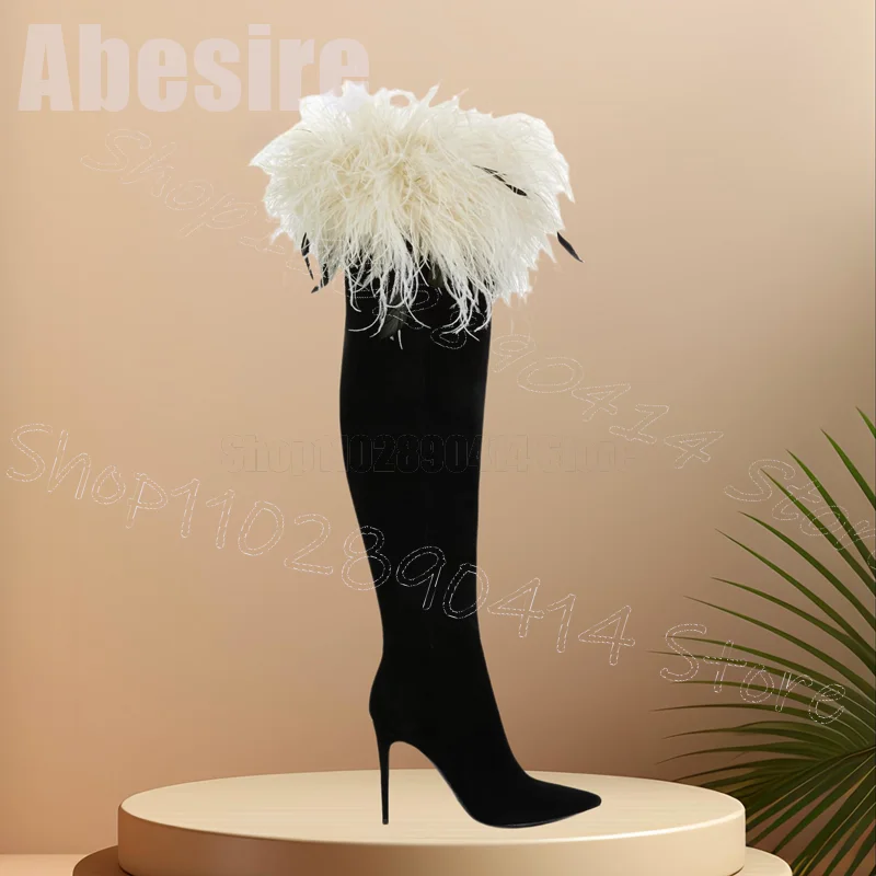 White Feather Decor Black Pointed Toe Boots Side Zipper Women Shoes Thin High Heels Party Feast Dating 2024 Zapatos Para Mujere