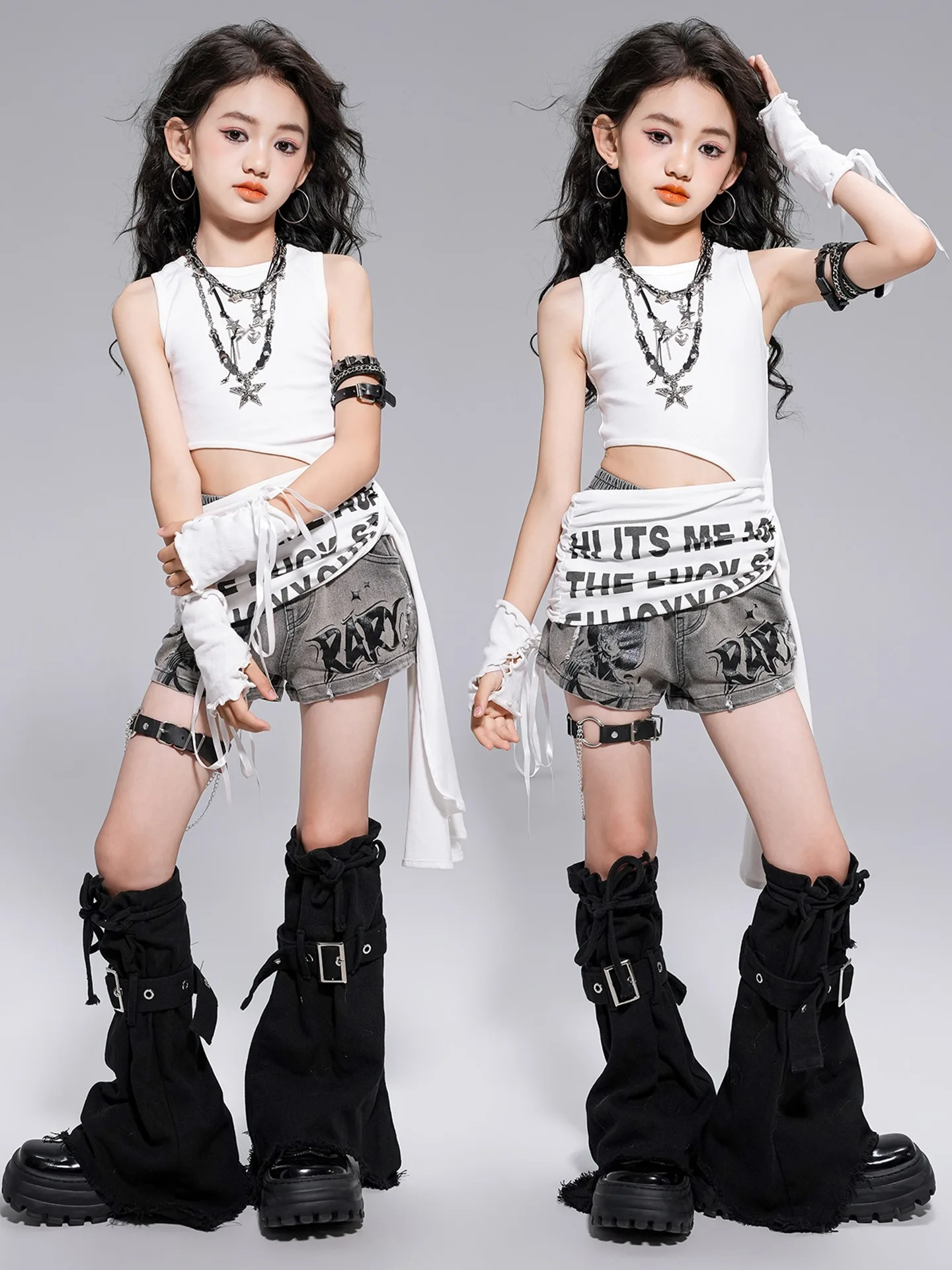 소녀 재즈 댄스 의상 유행 여름 어린이 무대 공연 의상 스트리트 댄스 힙합 의류 Catwalk Wear DQL10879