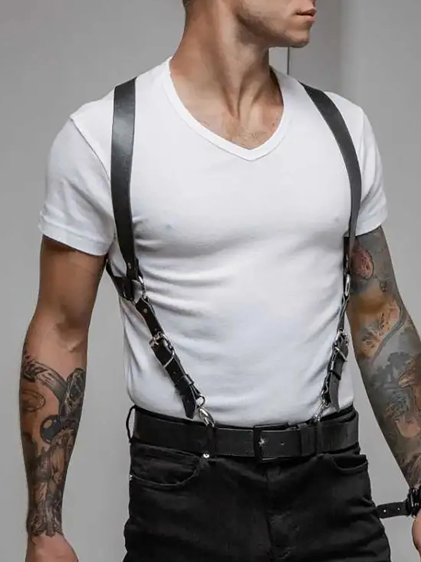 PU Leather Chest Harness for Men, Adjustable Suspenders