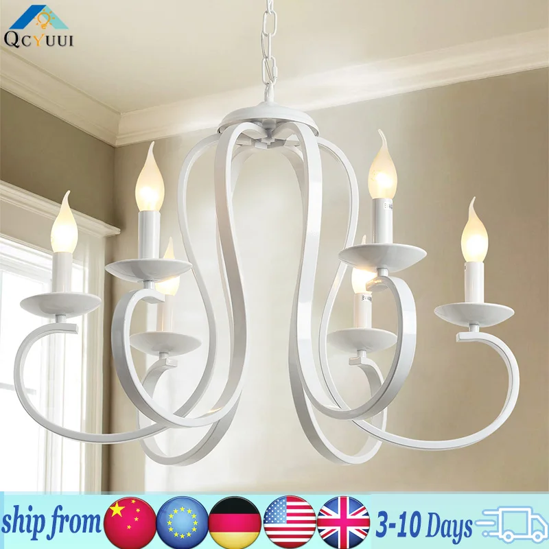 Ganeed Vintage Metal French Chandelier Country Chandelier 6-Light White Candle-Style Fixture Dinner Table Island Kitchen