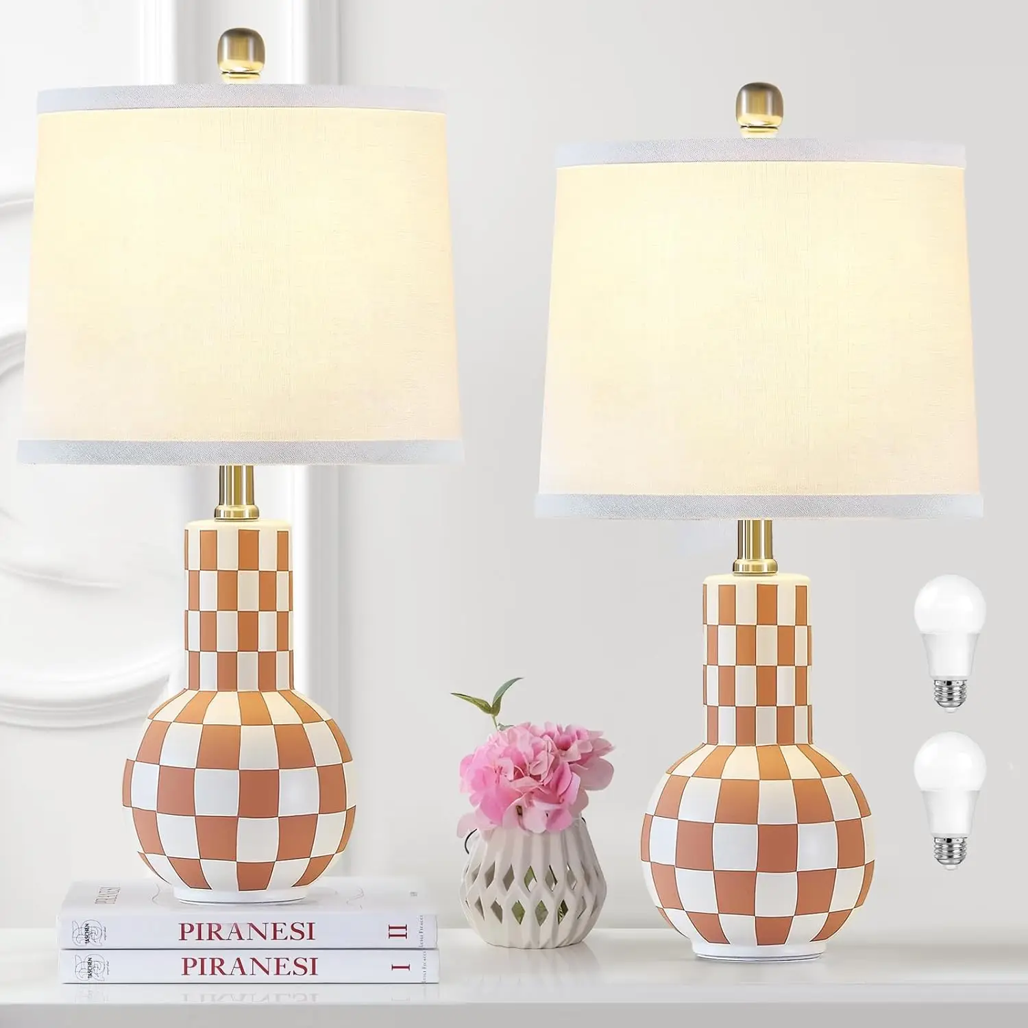 

21"" Ceramic Table Lamp Set Of 2 Cute Pink Apricot-Color Desk Lamps For Bedroom 3-Color Temperature Modern Table Lamps For