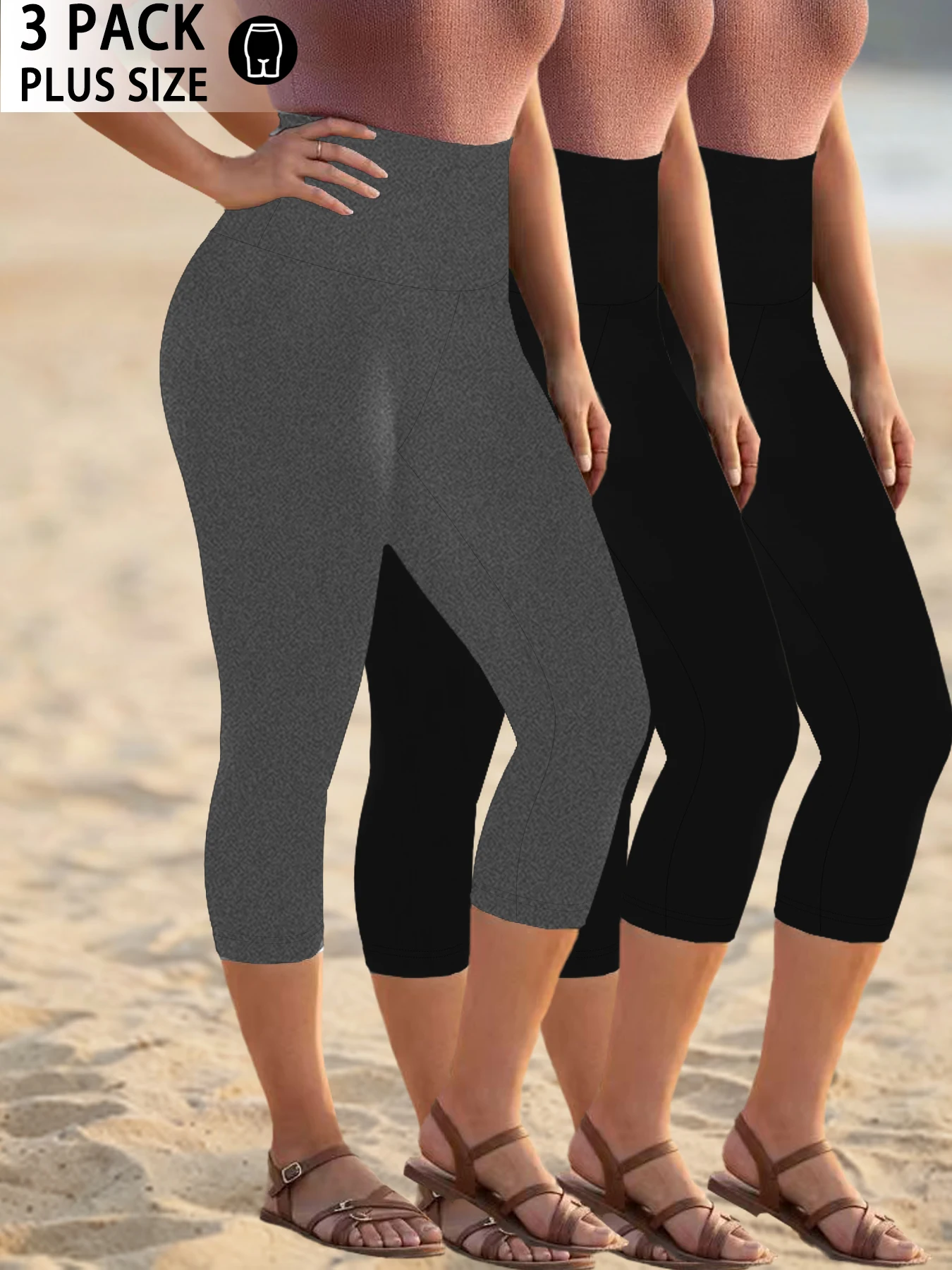 

3 Pack Plus Size Women High Waisted Capri Pants Super Soft No See Through Tummy Control Yoga Running Workout Home Casual