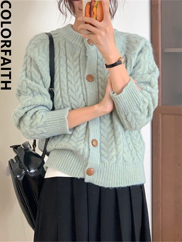 

Colorfaith SWC5562JX New 2023 Korean Fashion Knitting Cardigans Vintage Sweet Women Autumn Winter Sweaters Elegant Lady Tops