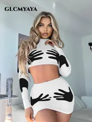 GLCMYAYA Sexy Women Hand 3d Printed Bodycon Midi Mini Skirt Dress Suit and Long Sleeve Crop Tee Top 2023 Two 2 Piece Set Outfits