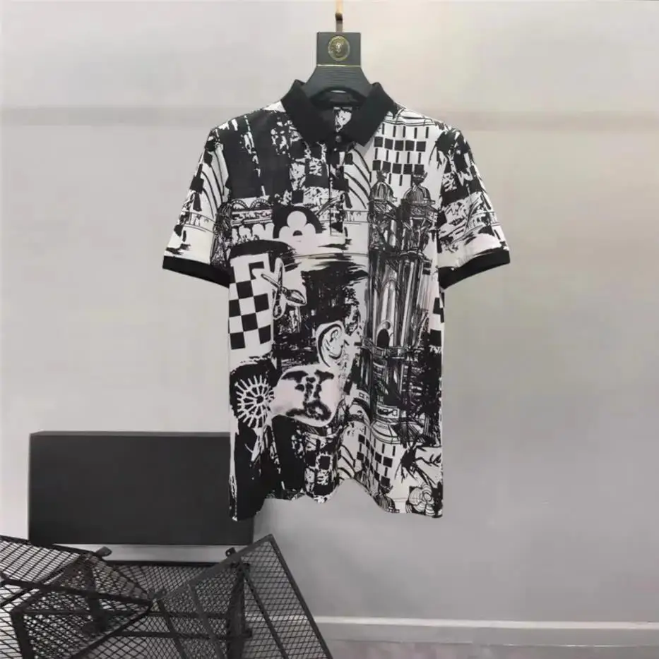 

European and American men's 2023 summer new Lapel short sleeves fashion Vintage architectural print T-shirt