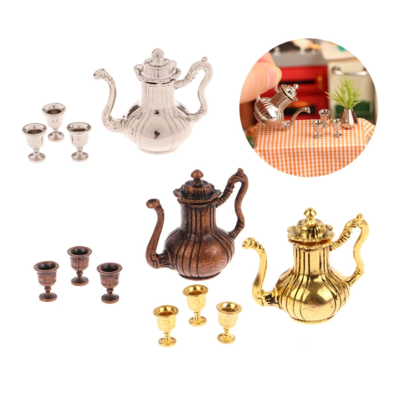 1Set 1:12 Dollhouse Miniature Teapot Wine Pot Wine Jug Mini Flagon With 3 Cups Mini Tableware Model Doll House Decor Accessories