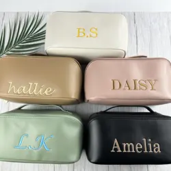 Personalized Embroidered Name Make Up Bag Custom Bridal Shower Proposal Travel PU Cosmetic Bag Christmas Birthday Gifts For Her