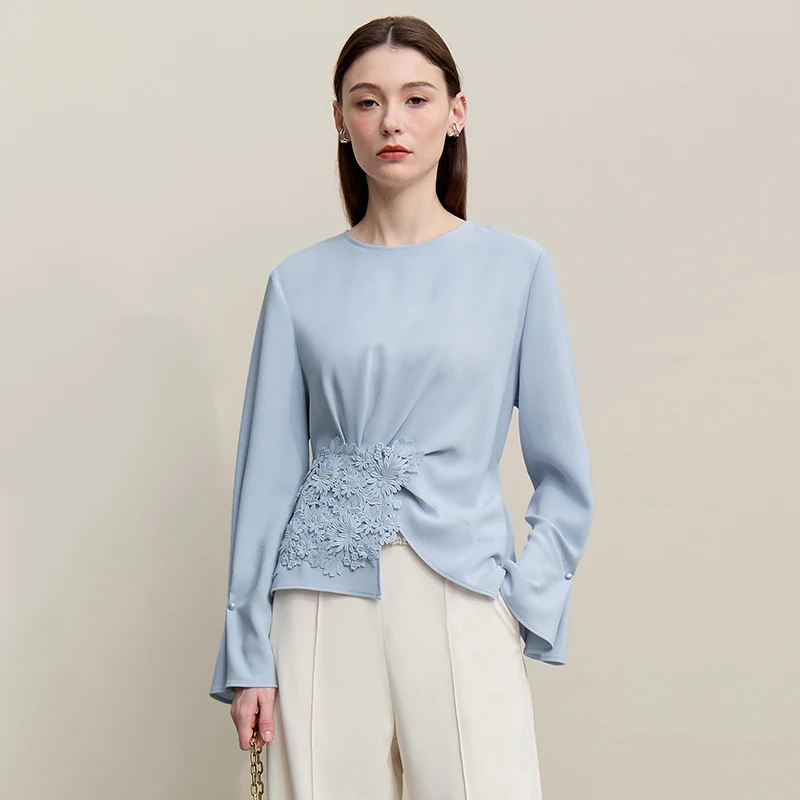 Amii damesblouse 2026 lente nieuwe elegante commuter ronde hals kant chiffon damesoverhemd losse veelzijdige elegante top 12681001