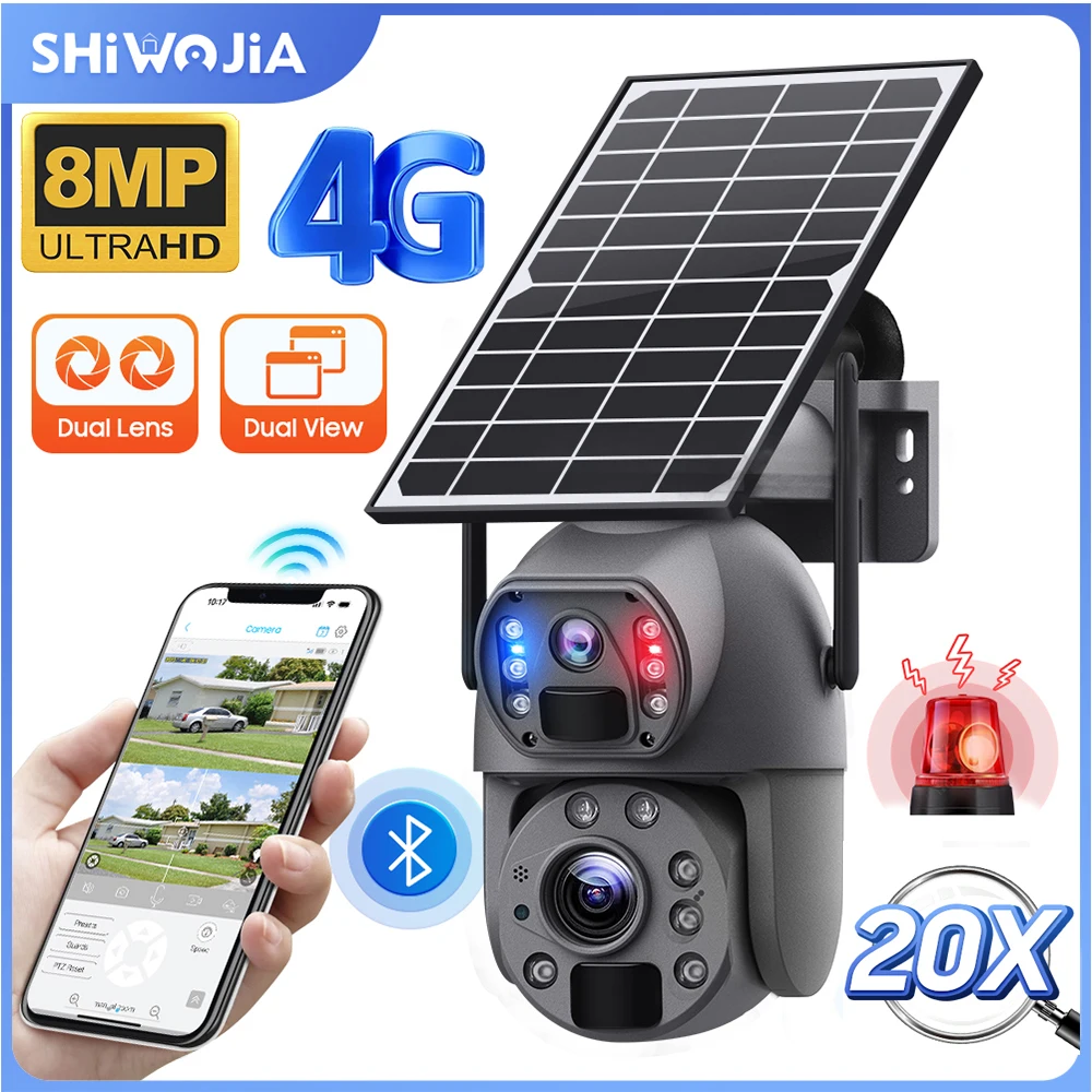 

SHIWOJIA 20X ZOOM 8MP 4G SIM Solar Camera WIFI 6W Solar Panel Security Camera 12000mAh Battery Dual Lens Humanoid Tracking Camer