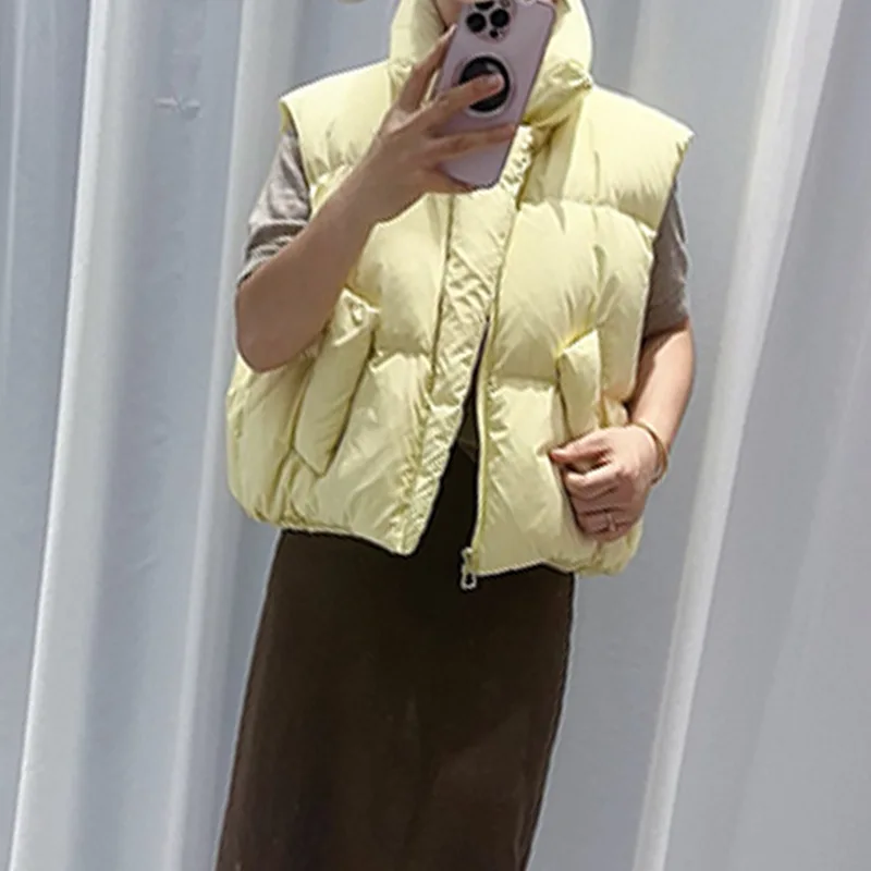 بلا أكمام المرأة أسفل سترة دافئة رشاقته خفيفة الوزن مبطن الستر موضة جديدة سستة الوقوف طوق الصلبة أكمام معاطف #6