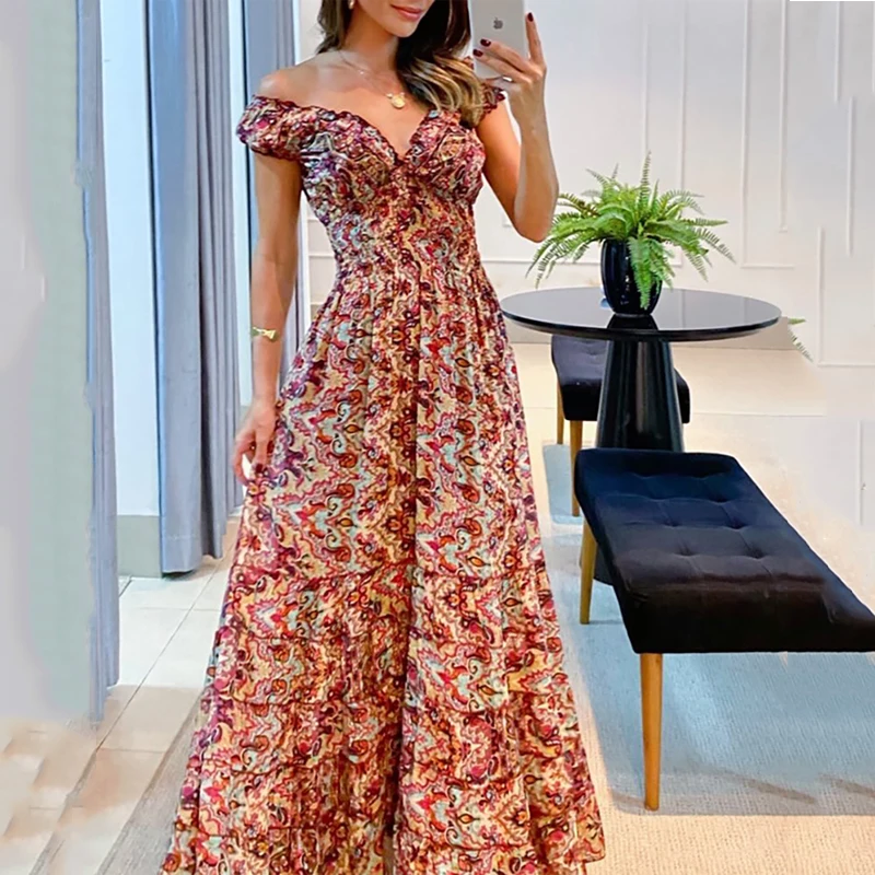 Wefads Women Maxi Dresses Summer Printed Off Shoulder V Neck Short Sleeve Pleated Nipped Waist Party Dress Elegant Holiday Gown