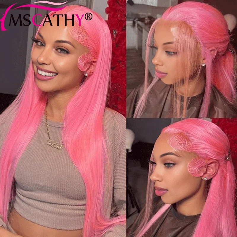 

Rose Pink Bone Straight Colored Human Hair Wigs 13X4 Transparent Lace Front Wigs 613 Pre Plucked Natural Hairline Remy Hair Wigs