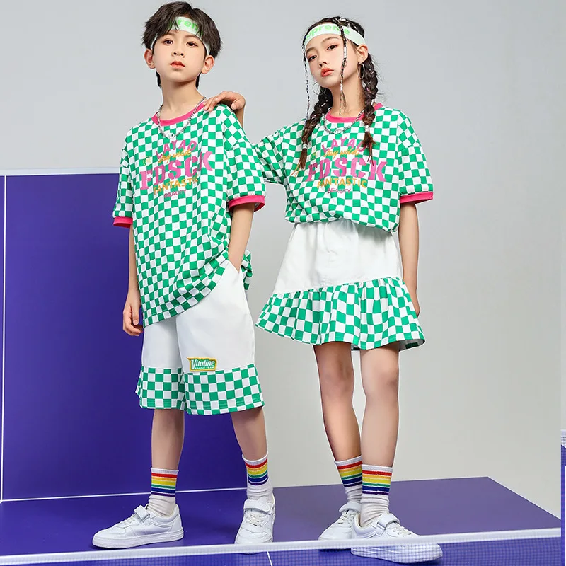 

Kid kpop Hip Hop Green Checkered T Shirt Top Casual Summer Shorts Skirt Mini for Girl Boy Jazz Dance Costume Set Outfits Clothes