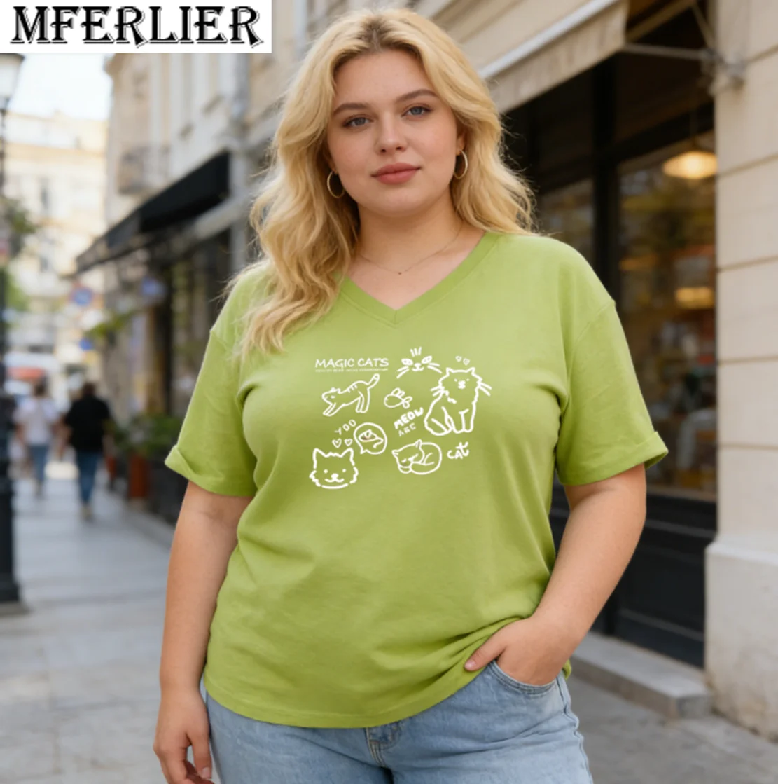 

Summer plus size women's T-shirt short-sleeved; v-neck；cat; cotton; cartoon; fun；