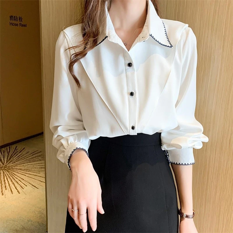 Women\'s Stylish Turn Down Collar Embroidered Design Shirt Office Lady Elegant Commute Blouse Solid Long Sleeve Loose Chic Tops