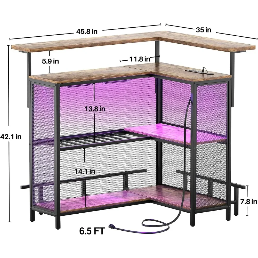 4-Tier L Shaped Home Bar with Power Outlet & LED Light, Footrest, Liquor Bar with Glass Holder with Storage, Corner Bar Table