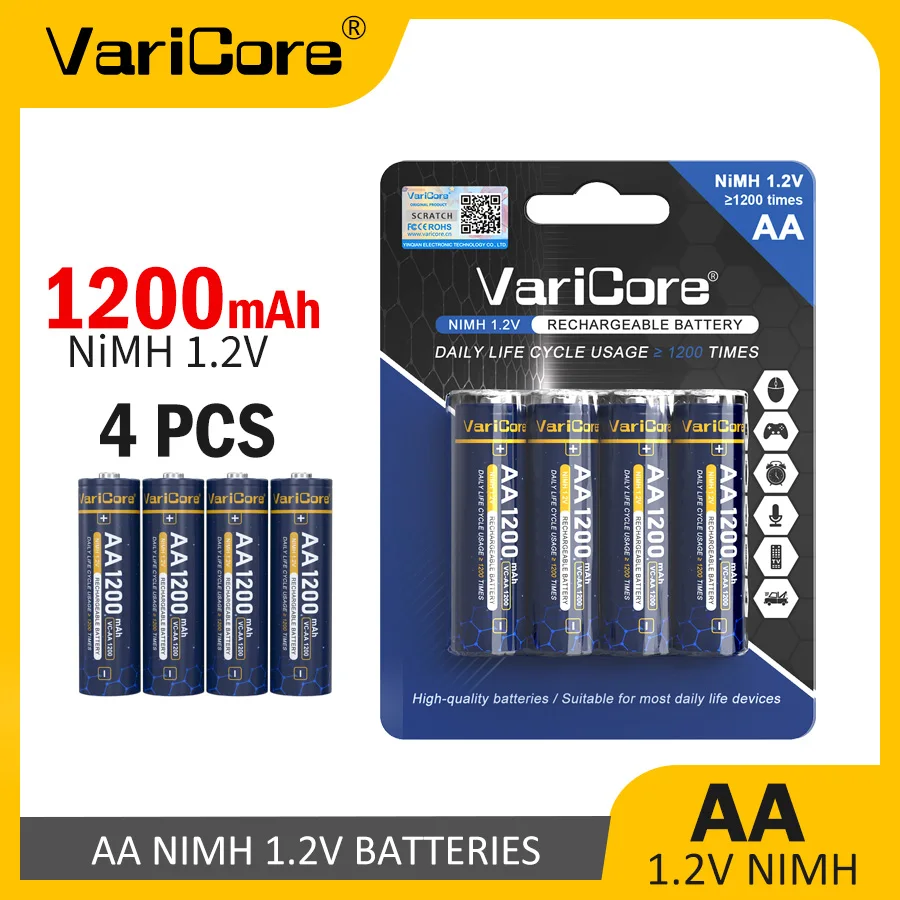 4 baterías recargables VariCore 1200mAh 1,2 V AA Ni-MH por tarjeta para cámaras digitales/juguetes RC/linternas larga vida útil